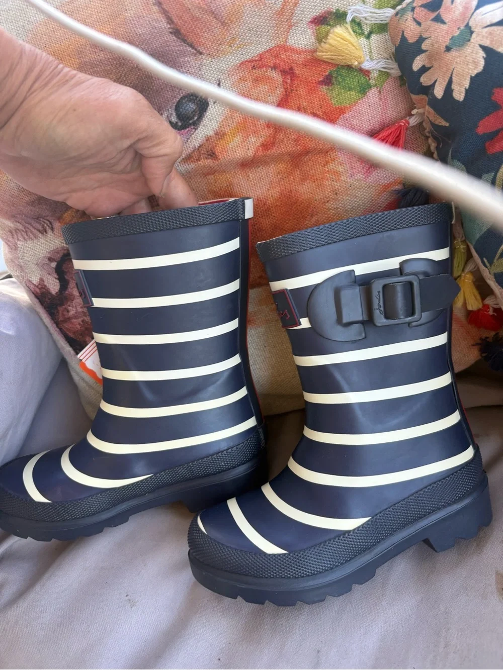 Joules Kids Navy and Cream Striped Rain Boots